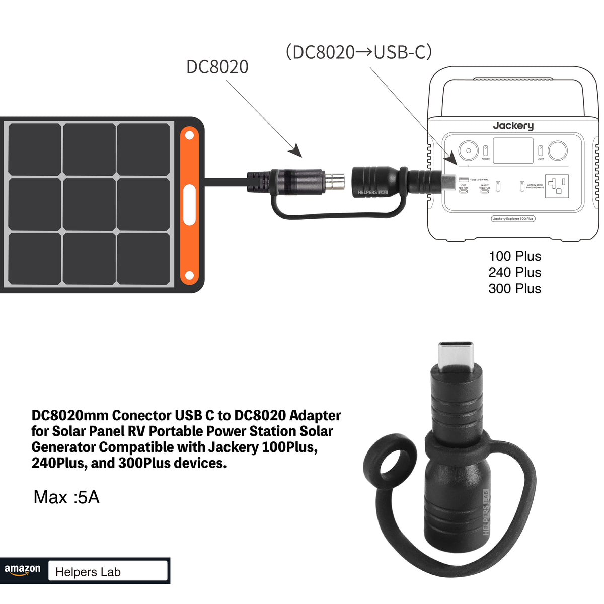 Adapter DC8020 to USB-C, DC8020 Female to Type C Adapter for Solar Pan