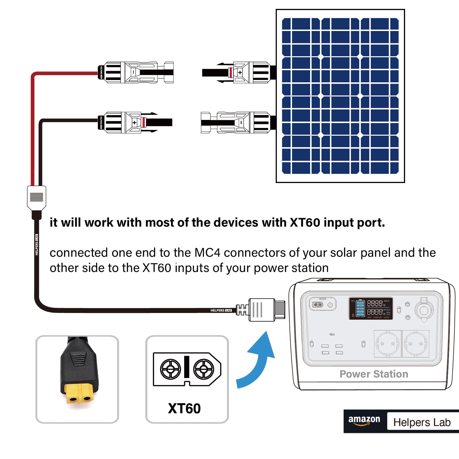 Solar Charge Cable Solar Connector to XT60 Adapter Connector Connect S –  Helpers Lab